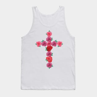 Floral Pink and Red Roses Flower Cross with Green Leaves Tank Top